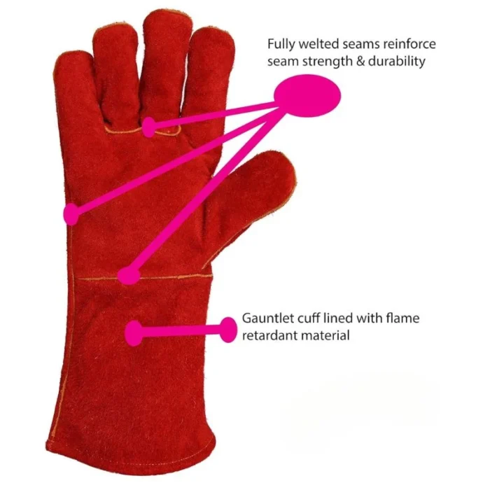 Red Leather Safety Welding Gauntlets Gloves (Size: XL) - Image 2