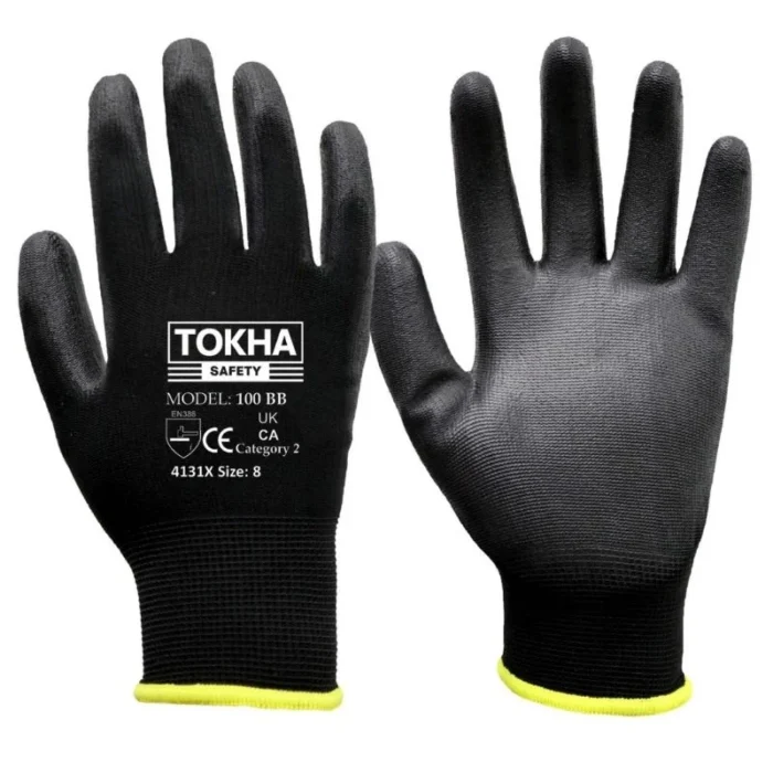100 BB Black PU Coated Work Glove With 13 Gauge Black Polyester - Image 2