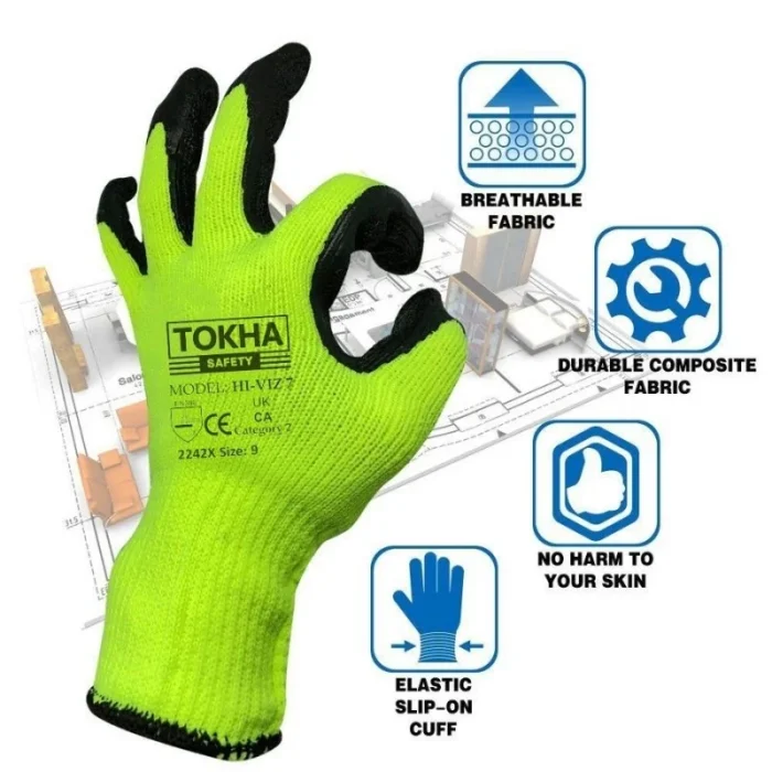 Hi - Viz 7 Black Latex Coated Work Glove With Yellow Thermal Liner - Image 4