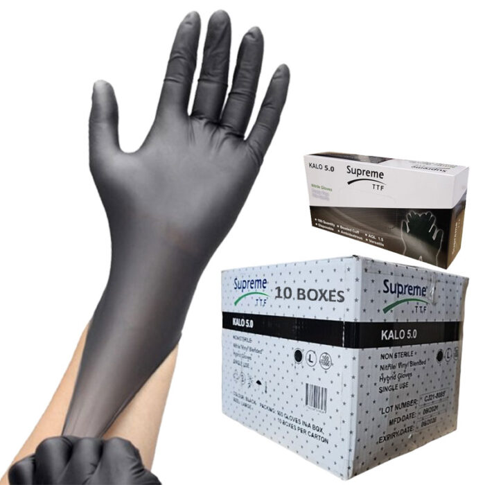 10 Boxes Black Nitrile Vinyl Blended Disposable Work Gloves - Image 1